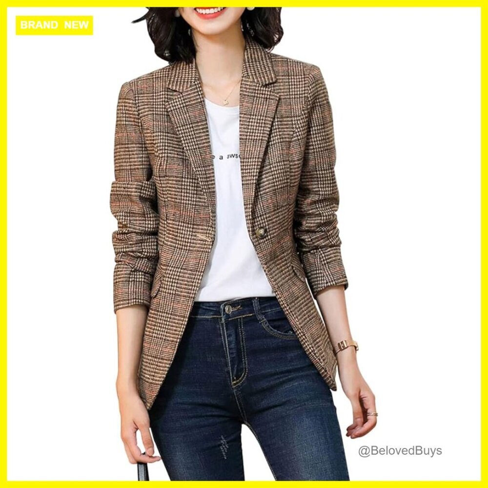 Women's Houndstooth Plaid Blazer Jacket Double Breasted Notch Lapel